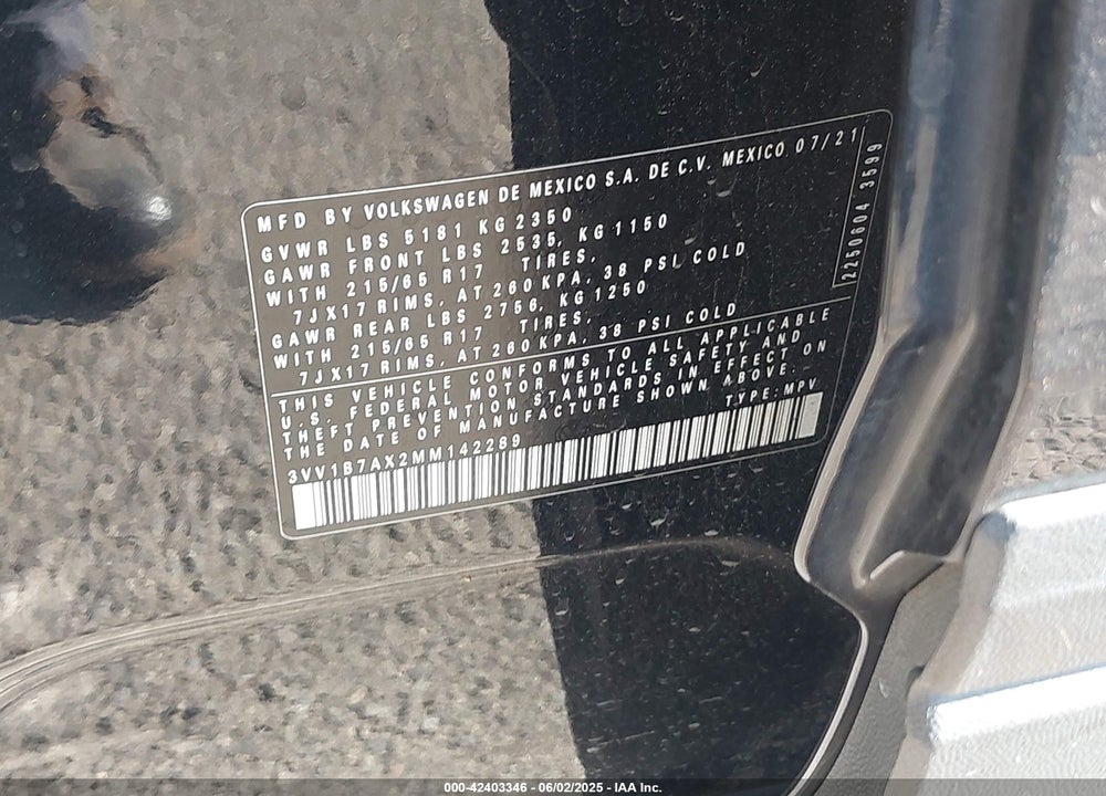 2021 VOLKSWAGEN TIGUAN VIN: 3VV1B7AX2MM142289