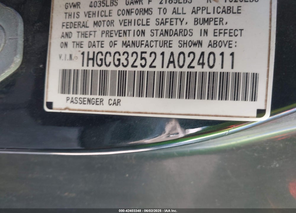2001 HONDA ACCORD 2.3 EX VIN: 1HGCG32521A024011