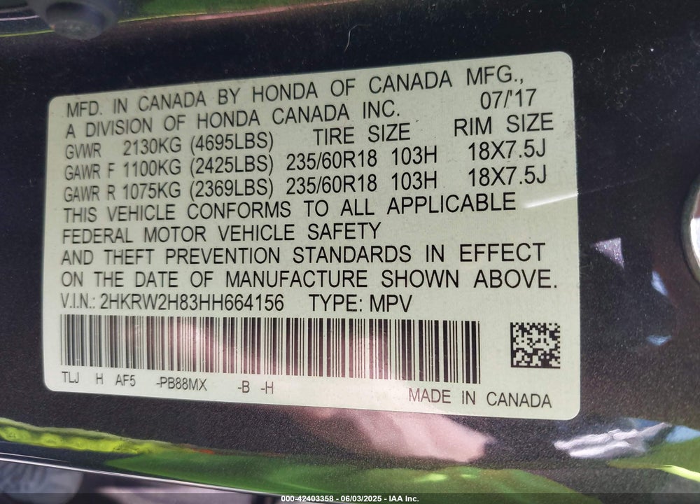 2017 HONDA CR-V EX-L/EX-L NAVI VIN: 2HKRW2H83HH664156