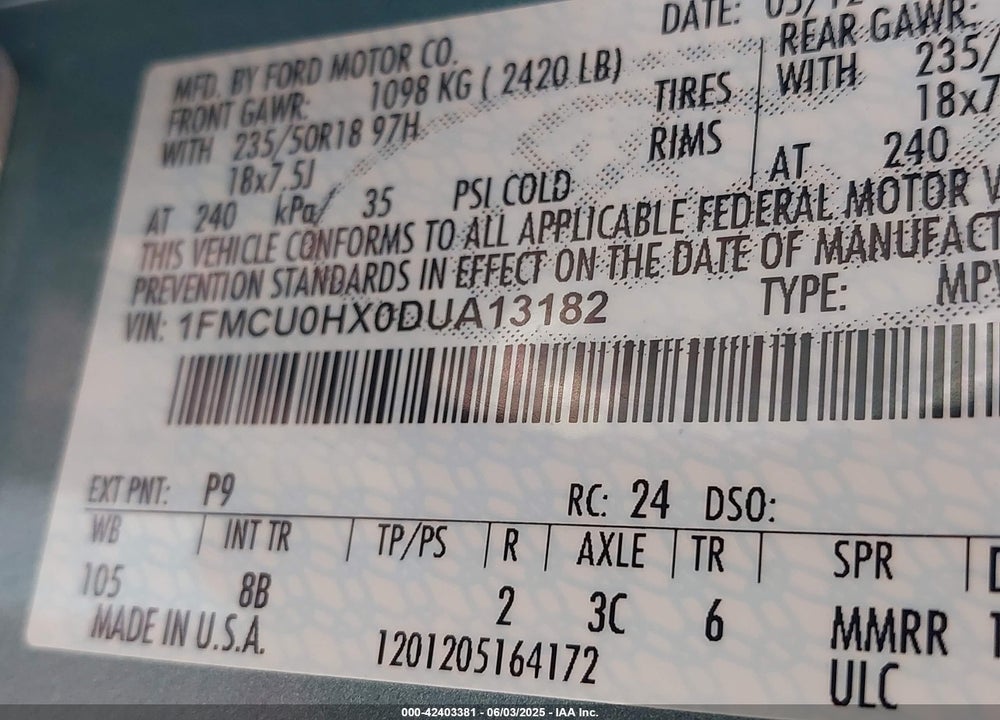 2013 FORD ESCAPE VIN: 1FMCU0HX0DUA13182