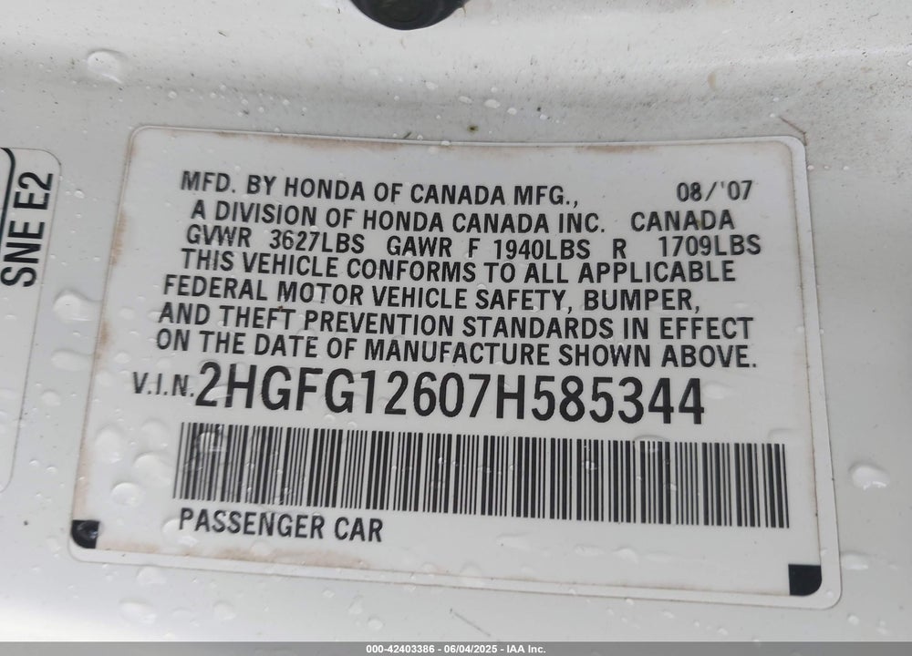 2007 HONDA CIVIC VIN: 2HGFG12607H585344