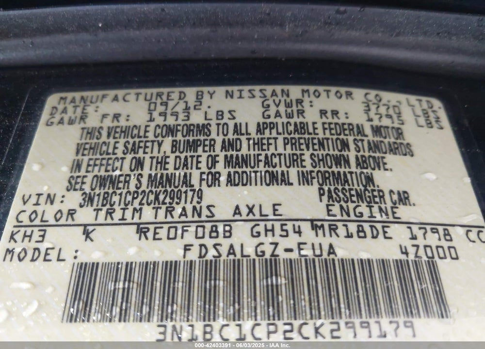 2012 NISSAN VERSA VIN: 3N1BC1CP2CK299179