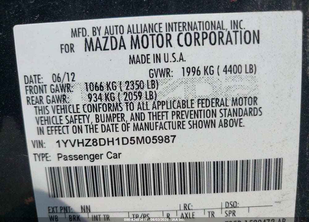 2013 MAZDA 6 VIN: 1YVHZ8DH1D5M05987