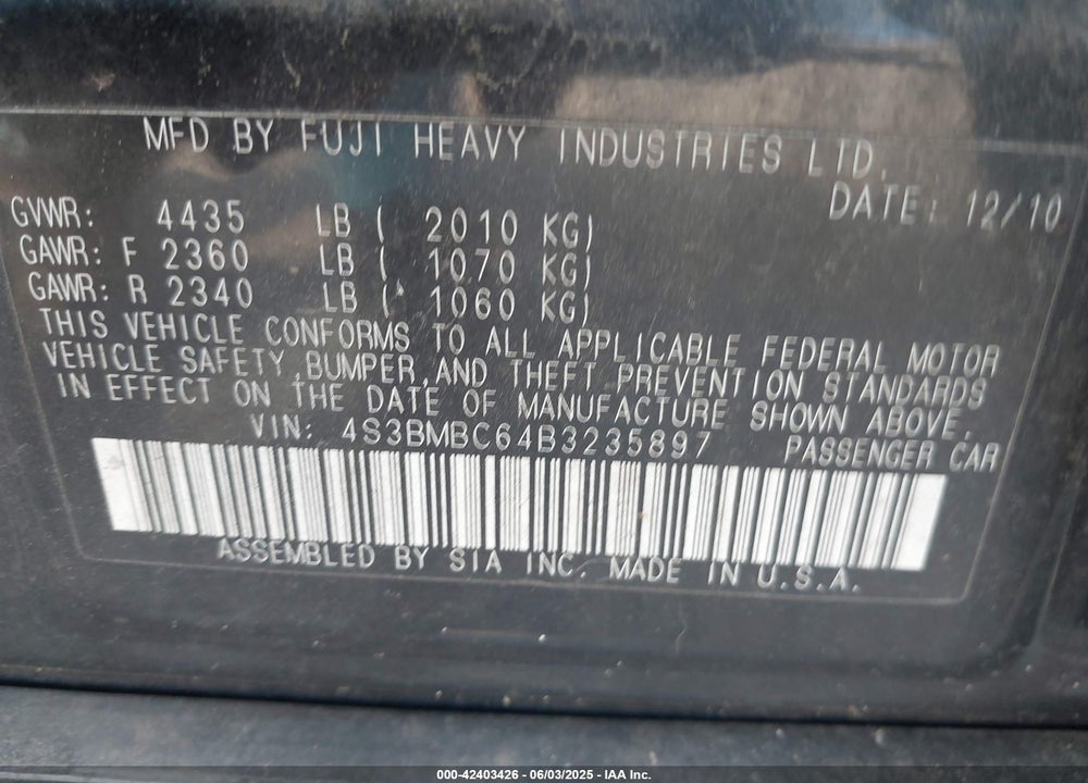 2011 SUBARU LEGACY 2.5I PREMIUM VIN: 4S3BMBC64B3235897