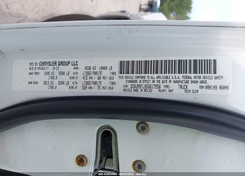 2013 RAM 2500 VIN: 3C6UR5FL9DG617556