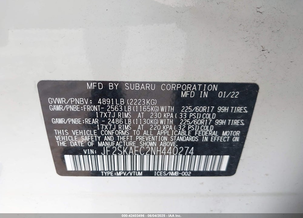 2022 SUBARU FORESTER VIN: JF2SKAEC2NH440274