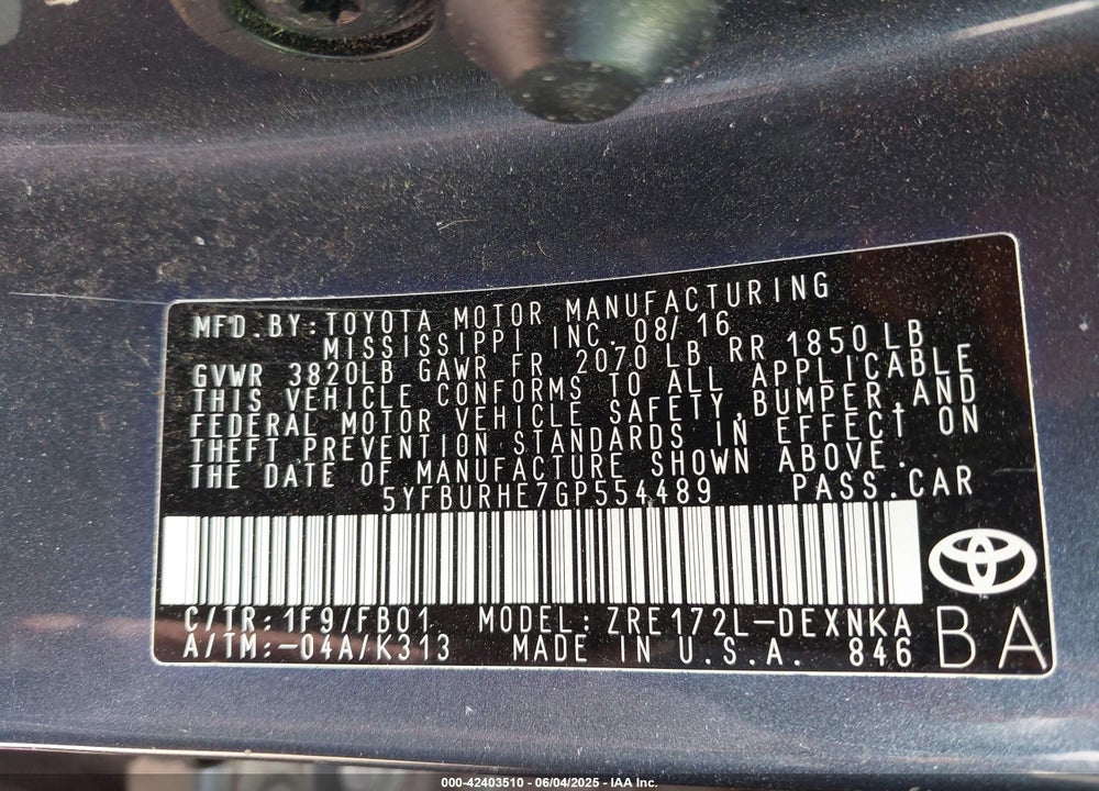 2016 TOYOTA COROLLA VIN: 5YFBURHE7GP554489