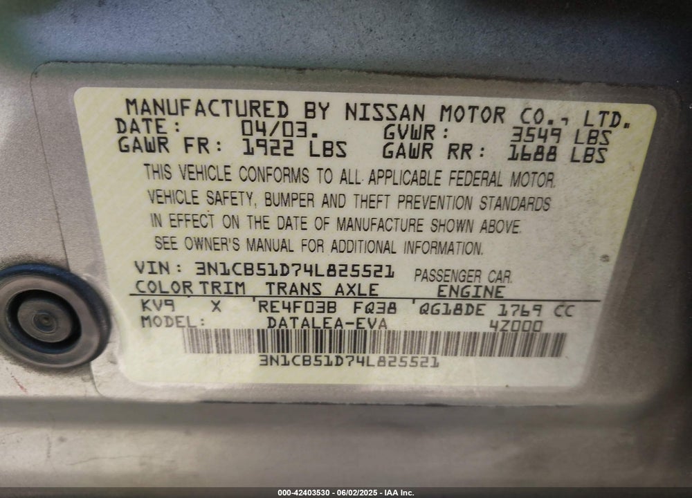 2004 NISSAN SENTRA 1.8S VIN: 3N1CB51D74L825521