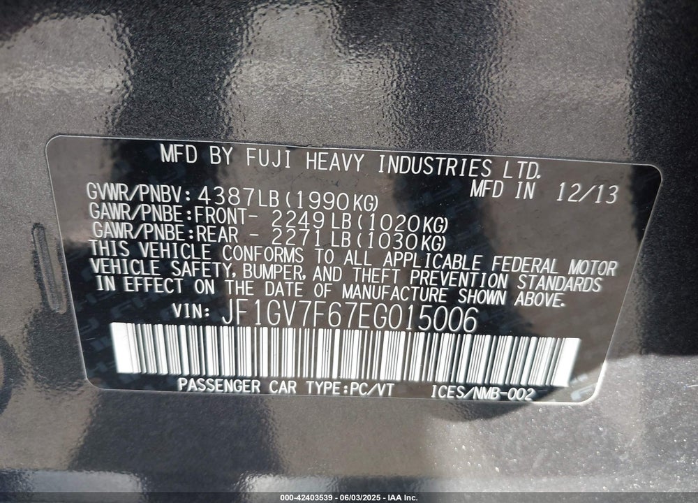 2014 SUBARU IMPREZA VIN: JF1GV7F67EG015006