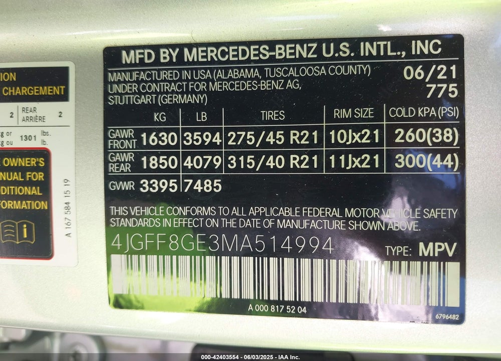 2021 MERCEDES-BENZ GLS 580 4MATIC VIN: 4JGFF8GE3MA514994