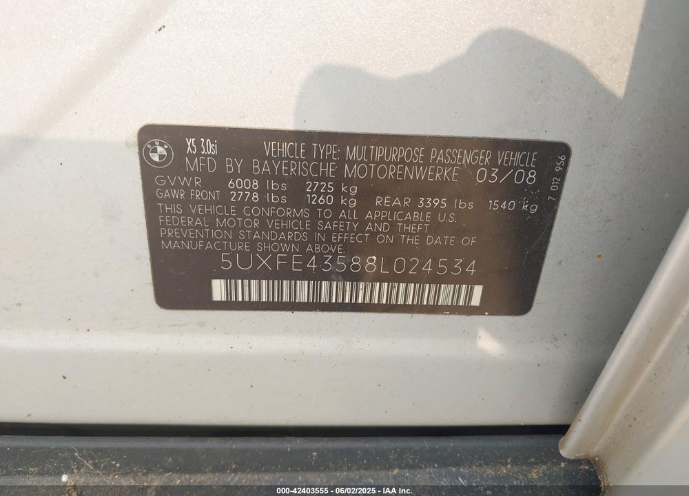2008 BMW X5 3.0SI VIN: 5UXFE43588L024534