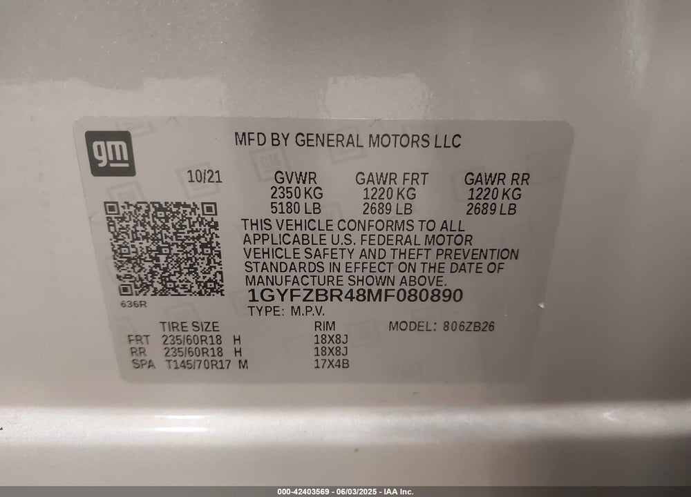 2021 CADILLAC XT4 AWD LUXURY VIN: 1GYFZBR48MF080890