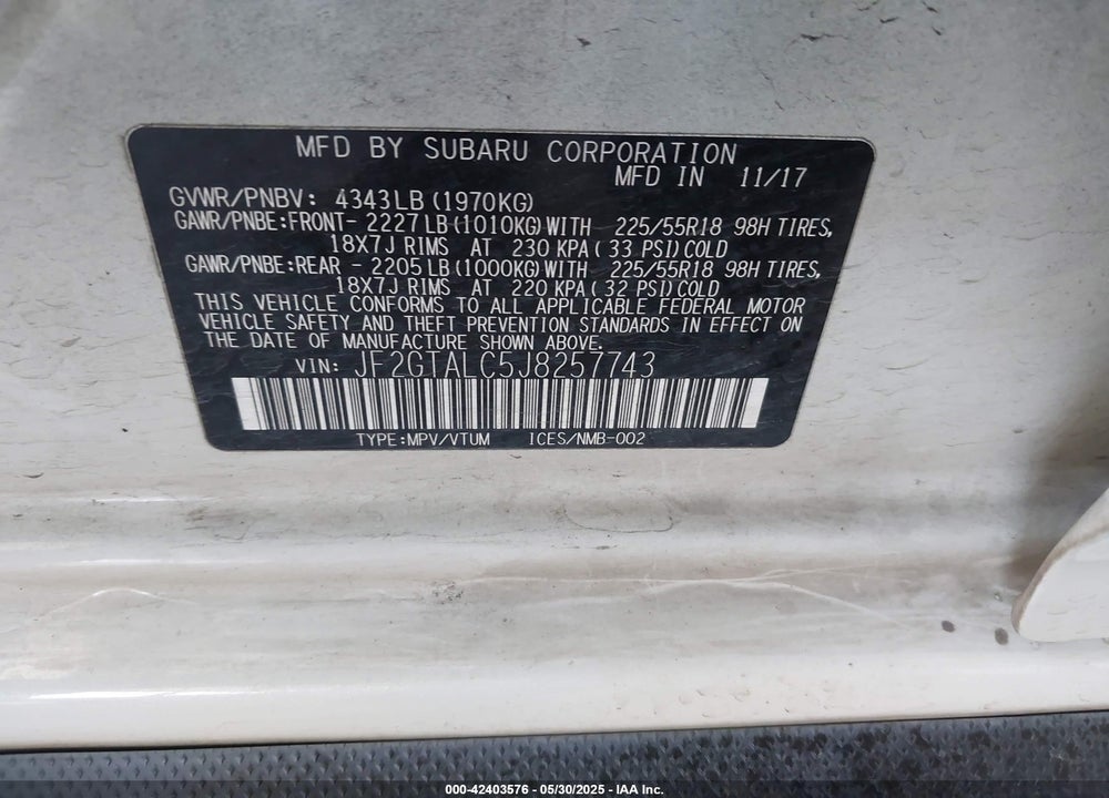 2018 SUBARU CROSSTREK 2.0I LIMITED VIN: JF2GTALC5J8257743