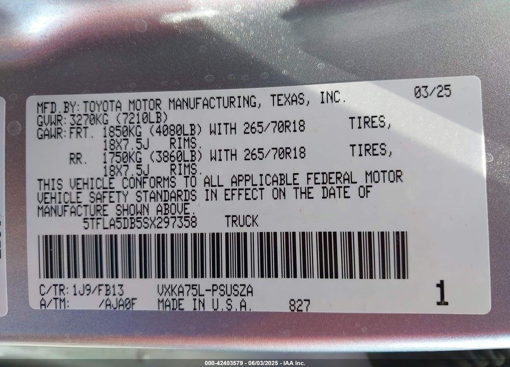 2025 TOYOTA TUNDRA SR5 4WD VIN: 5TFLA5DB5SX297358