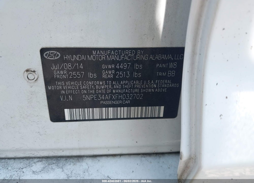 2015 HYUNDAI SONATA VIN: 5NPE34AFXFH032702