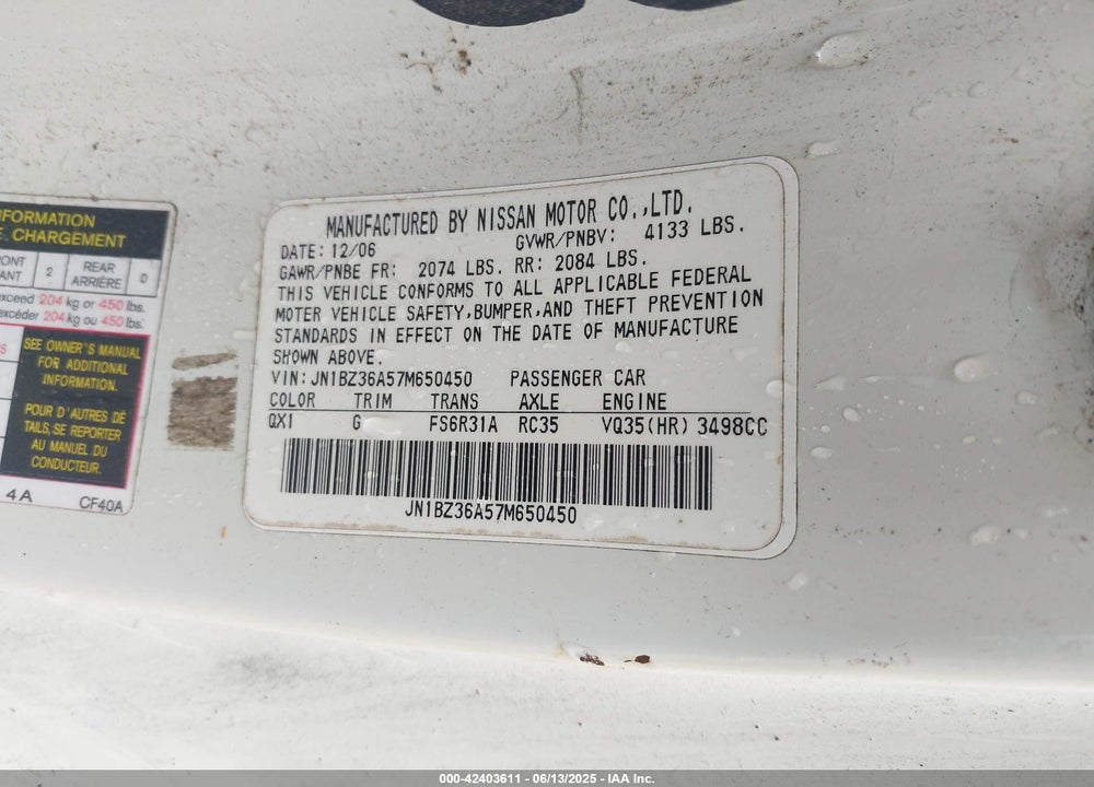 2007 NISSAN 350Z VIN: JN1BZ36A57M650450