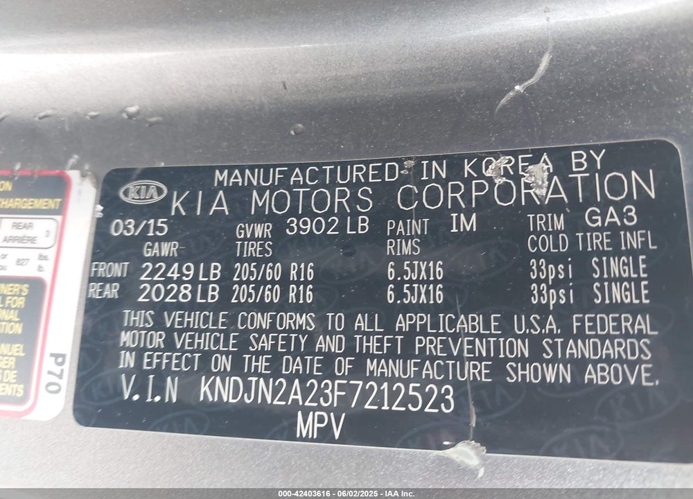 2015 KIA SOUL VIN: KNDJN2A23F7212523