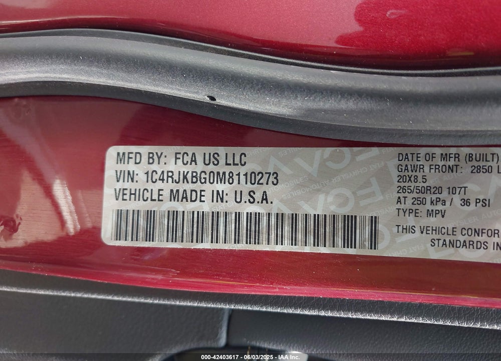 2021 JEEP GRAND CHEROKEE L VIN: 1C4RJKBG0M8110273
