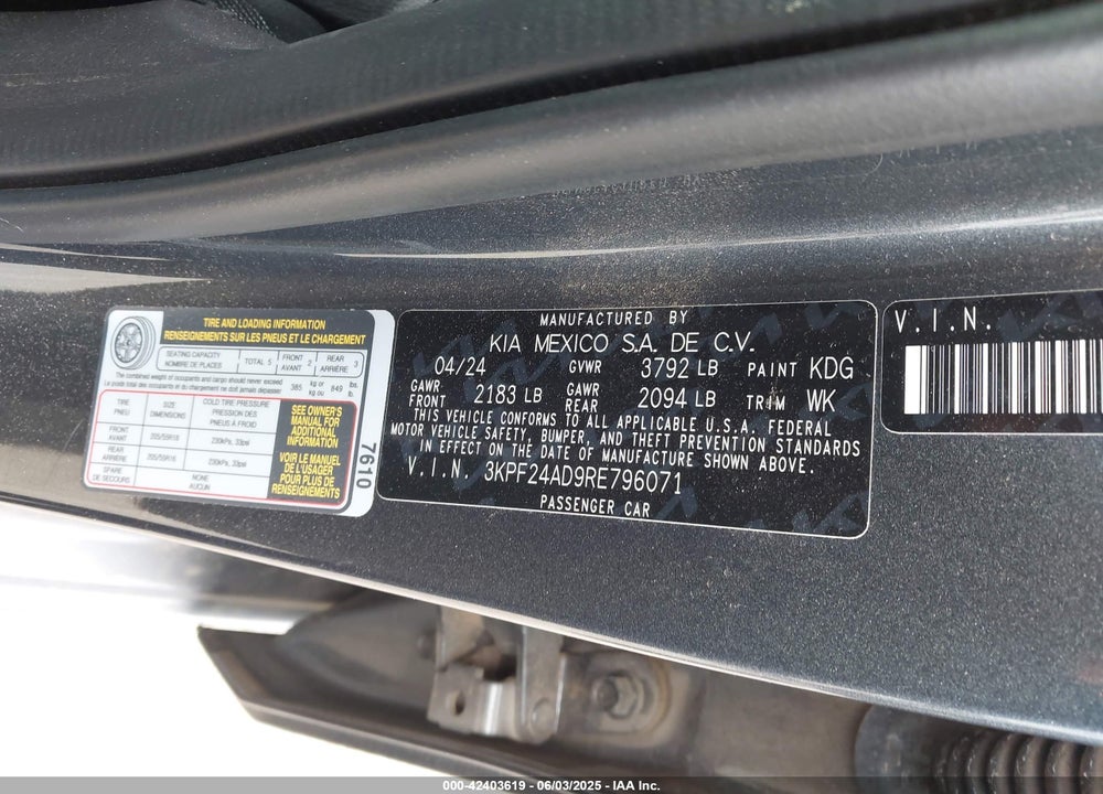 2024 KIA FORTE VIN: 3KPF24AD9RE796071
