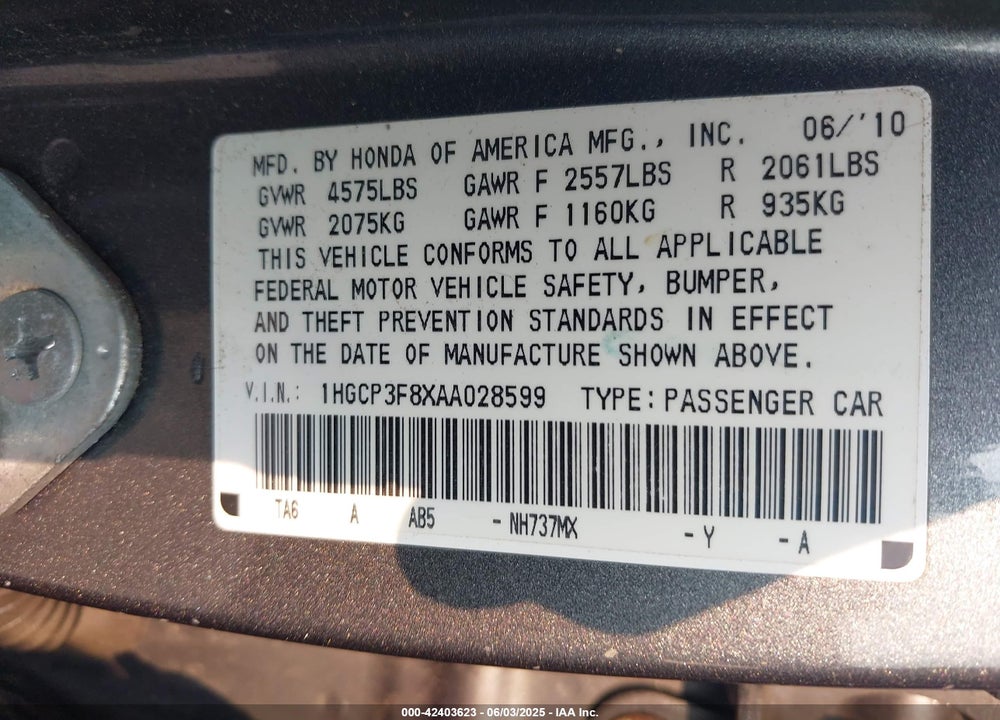 2010 HONDA ACCORD VIN: 1HGCP3F8XAA028599
