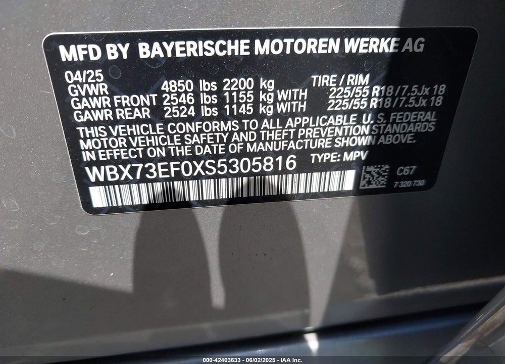2025 BMW X1 XDRIVE28I VIN: WBX73EF0XS5305816