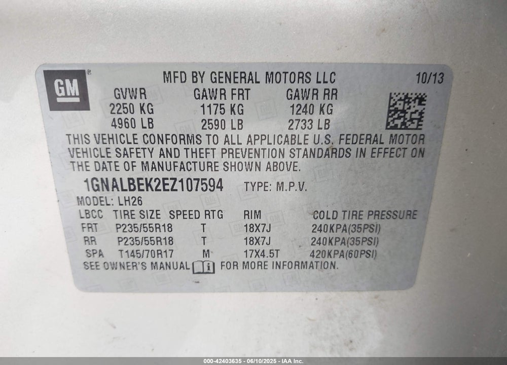 2014 CHEVROLET EQUINOX 1LT VIN: 1GNALBEK2EZ107594