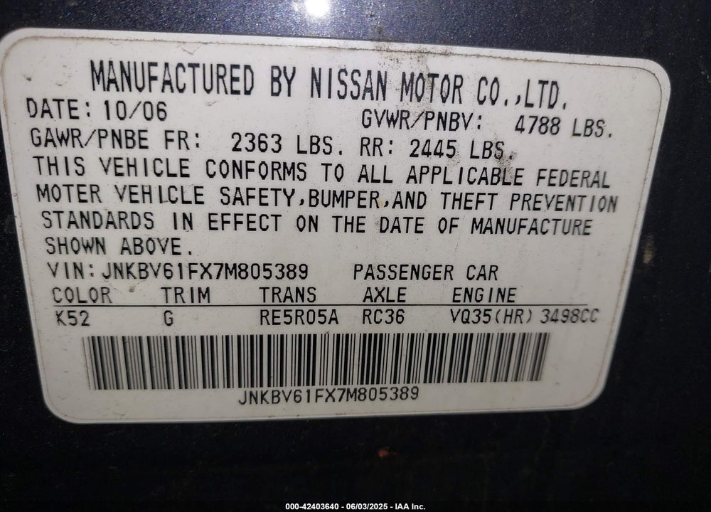 2007 INFINITI G35X VIN: JNKBV61FX7M805389
