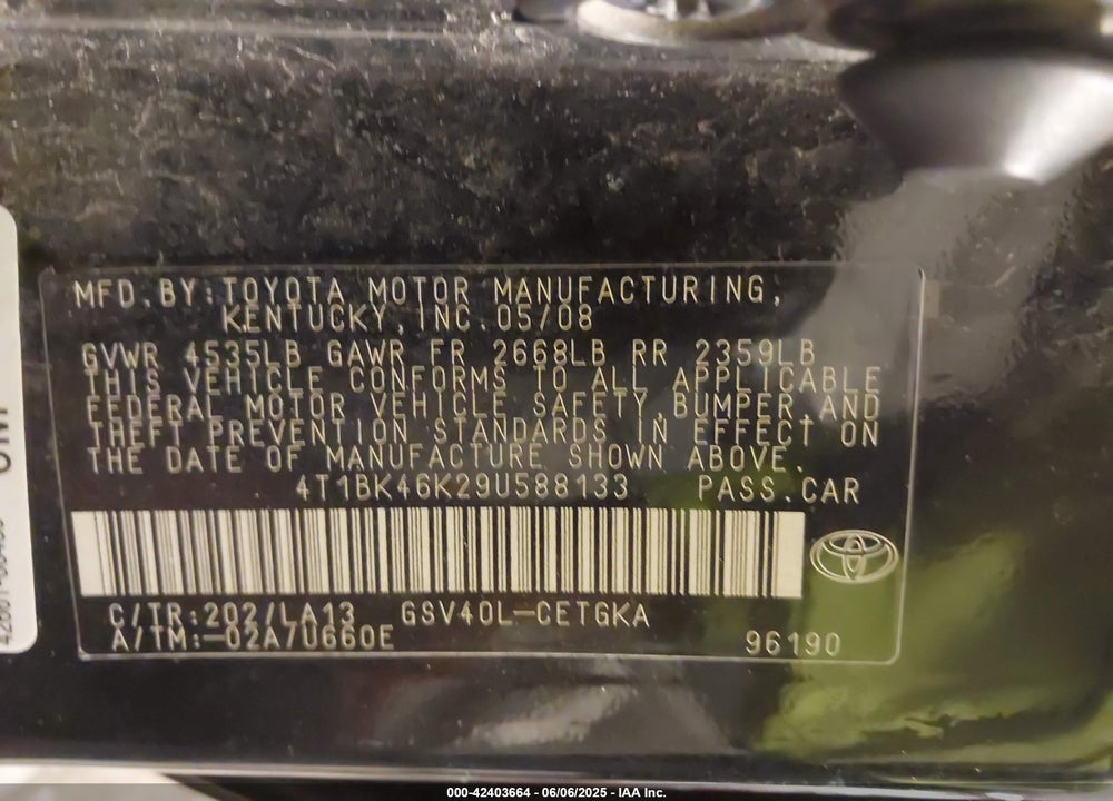 2009 TOYOTA CAMRY VIN: 4T1BK46K29U588133