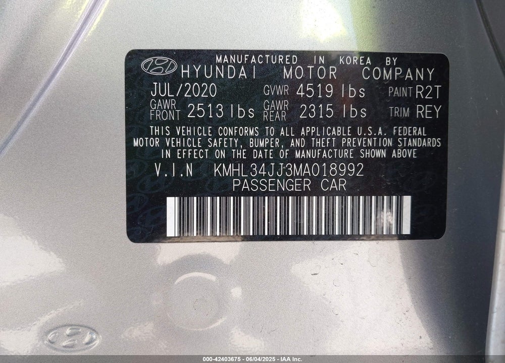 2021 HYUNDAI SONATA SEL VIN: KMHL34JJ3MA018992