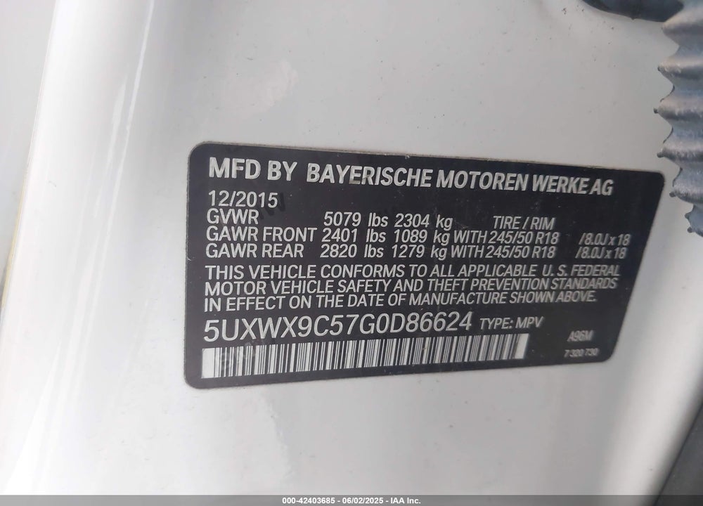 2016 BMW X3 XDRIVE28I VIN: 5UXWX9C57G0D86624