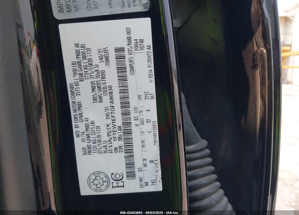 2016 FORD F-150 VIN: 1FTEW1EF7GFA90830