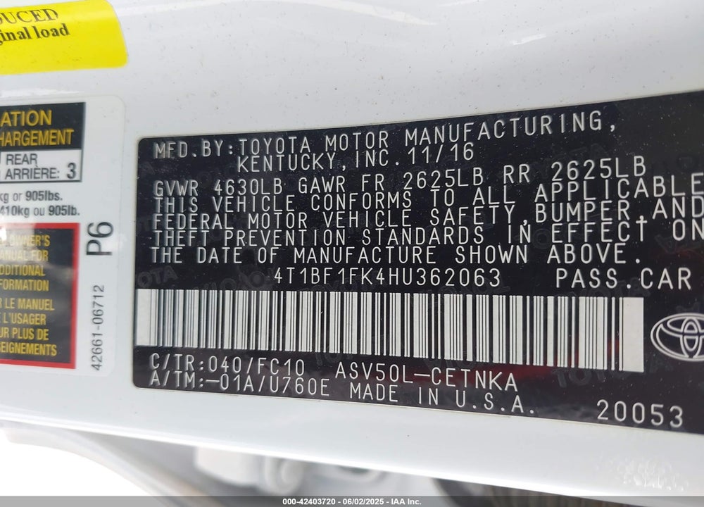 2017 TOYOTA CAMRY VIN: 4T1BF1FK4HU362063