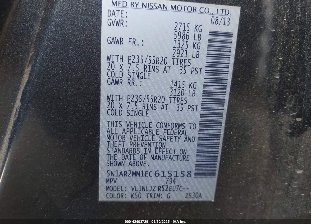 2014 NISSAN PATHFINDER VIN: 5N1AR2MM1EC615158