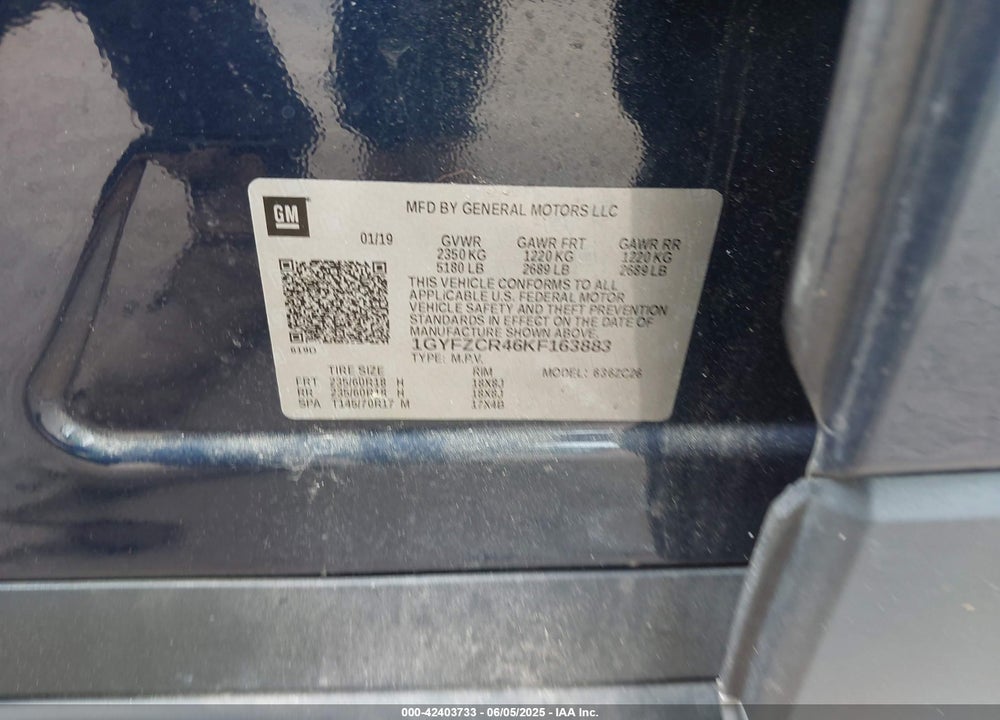 2019 CADILLAC XT4 VIN: 1GYFZCR46KF163883