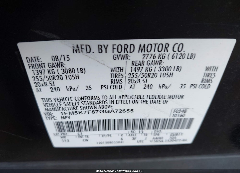 2016 FORD EXPLORER LIMITED VIN: 1FM5K7F87GGA72655