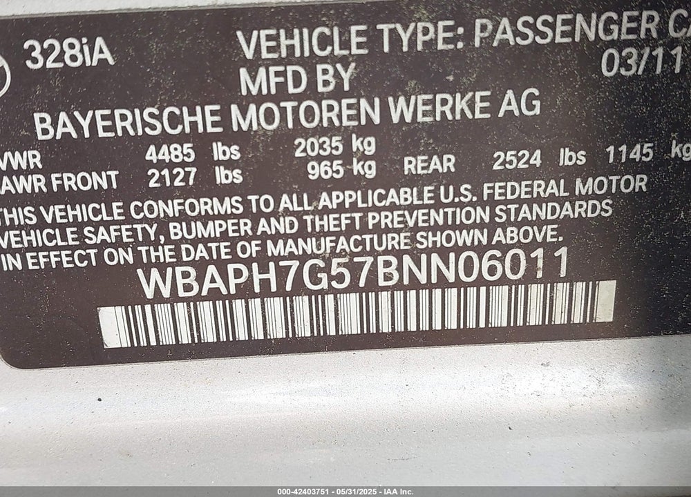 2011 BMW 328I VIN: WBAPH7G57BNN06011