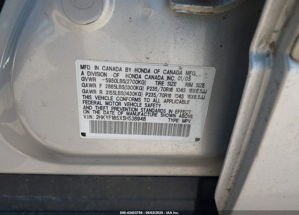 2005 HONDA PILOT EX-L VIN: 2HKYF185X5H538948
