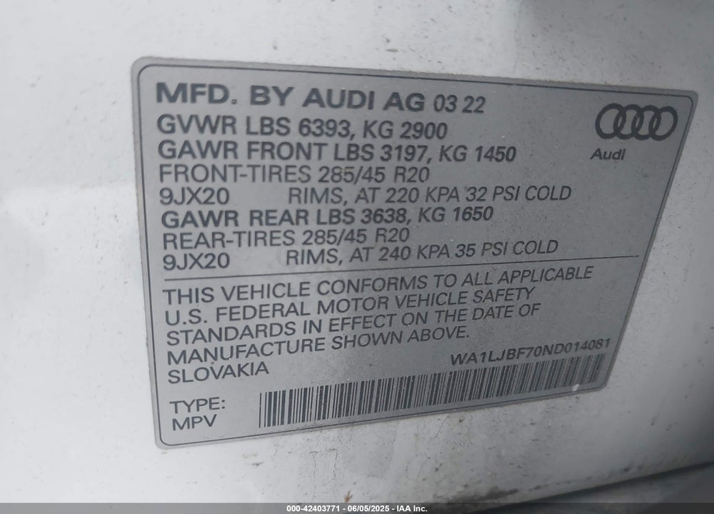 2022 AUDI Q7 VIN: WA1LJBF70ND014081