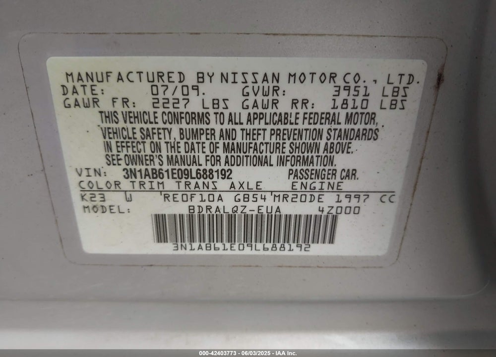 2009 NISSAN SENTRA VIN: 3N1AB61E09L688192