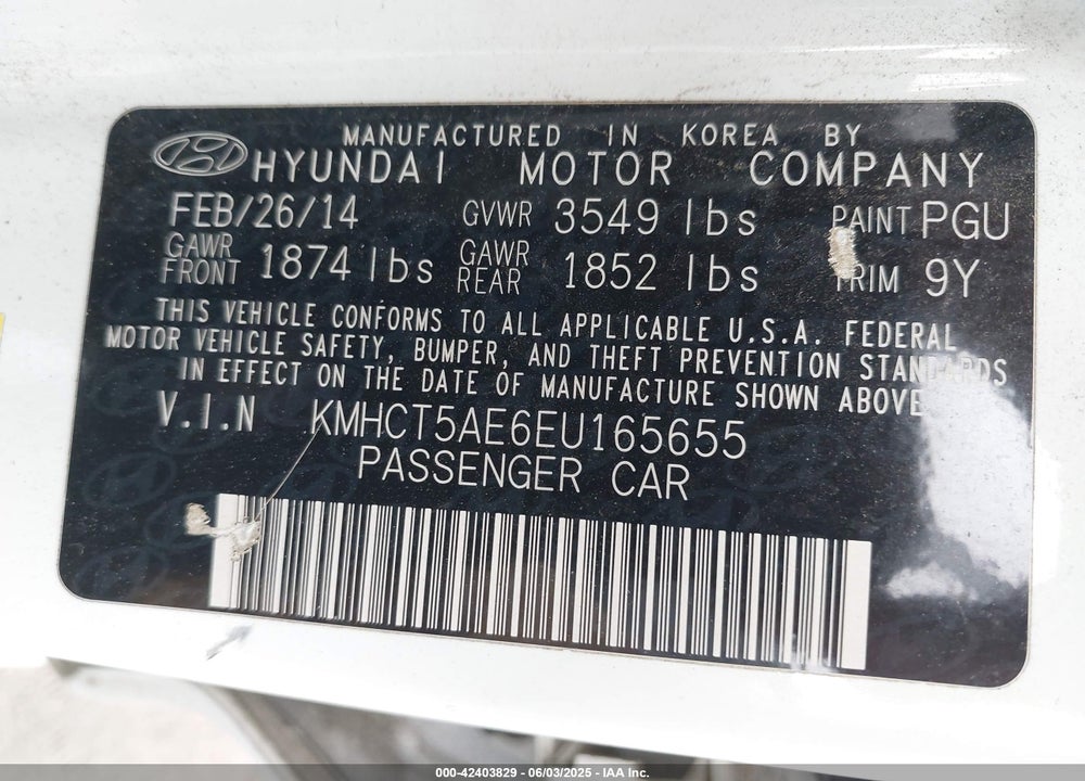 2014 HYUNDAI ACCENT VIN: KMHCT5AE6EU165655