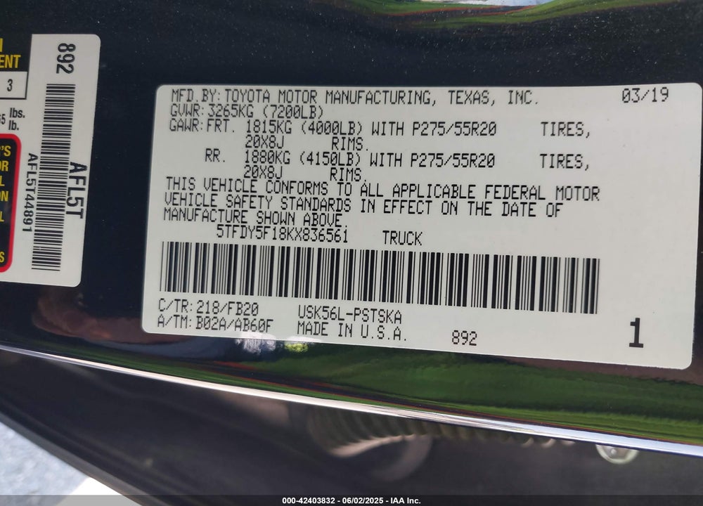 2019 TOYOTA TUNDRA VIN: 5TFDY5F18KX836561
