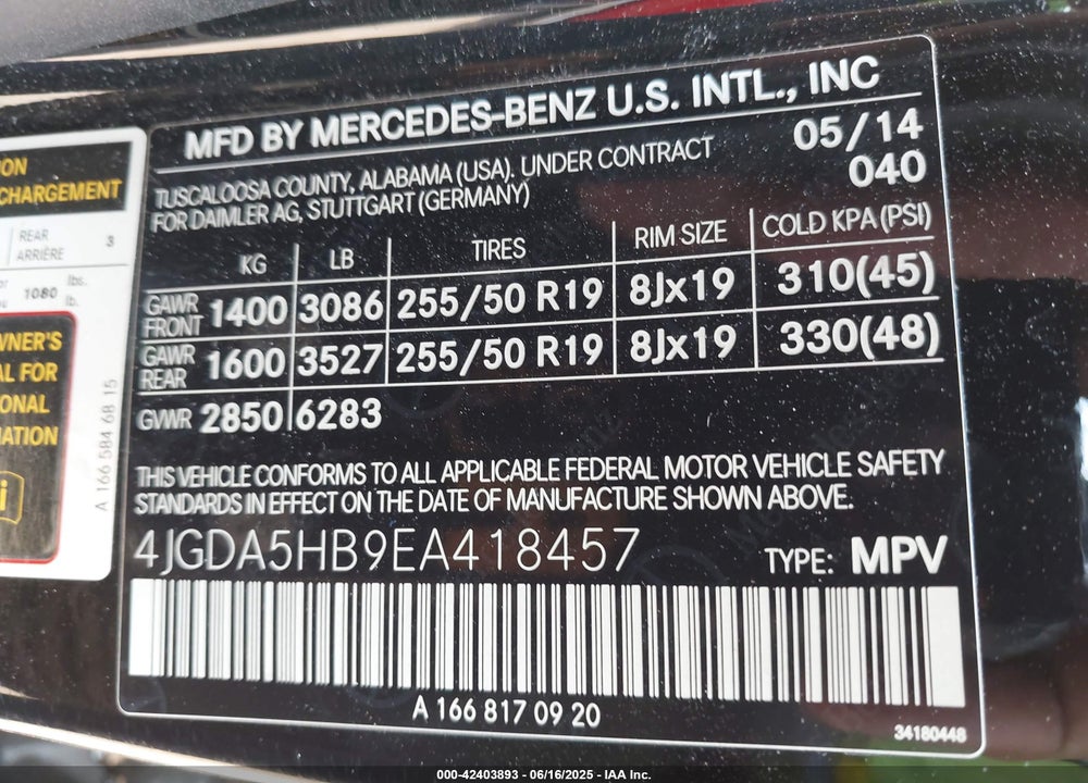 2014 MERCEDES-BENZ ML 350 4MATIC VIN: 4JGDA5HB9EA418457