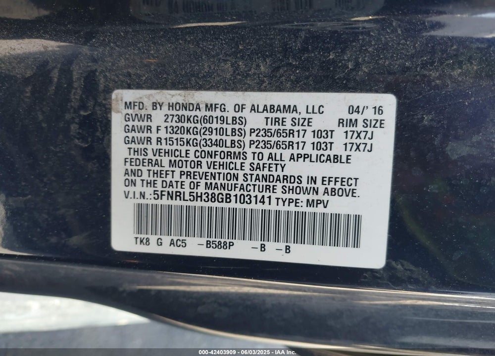 2016 HONDA ODYSSEY SE VIN: 5FNRL5H38GB103141