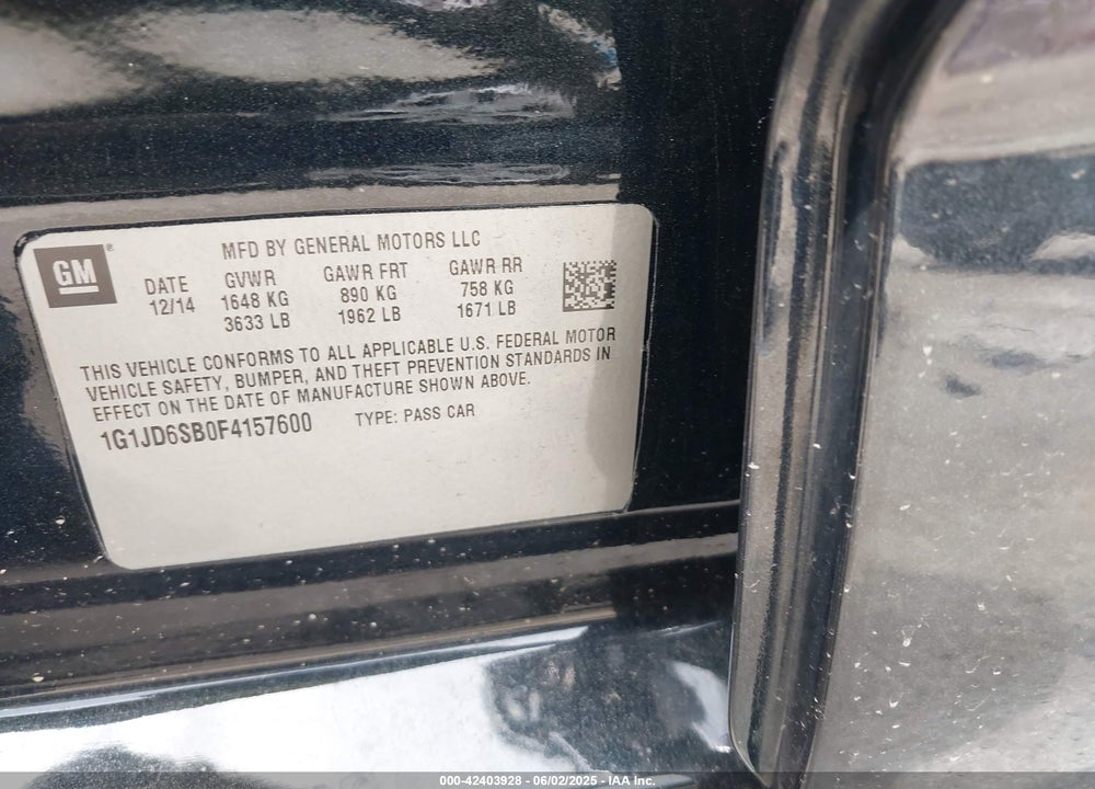 2015 CHEVROLET SONIC VIN: 1G1JD6SB0F4157600