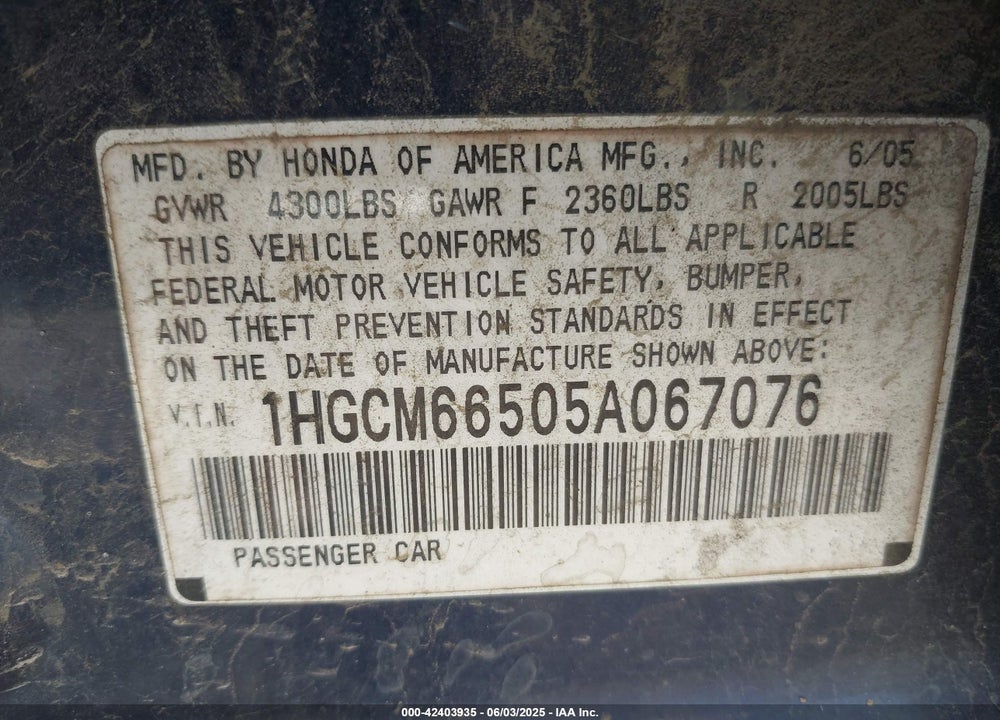 2005 HONDA ACCORD 3.0 EX VIN: 1HGCM66505A067076