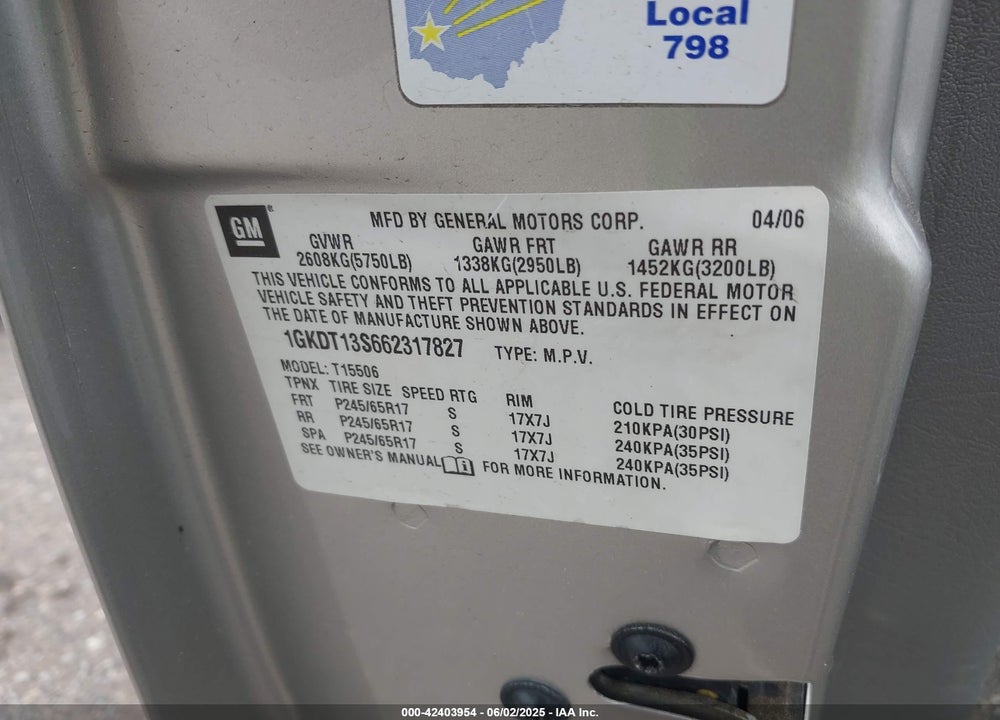 2006 GMC ENVOY VIN: 1GKDT13S662317827