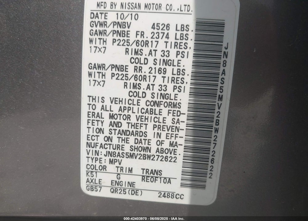 2011 NISSAN ROGUE VIN: JN8AS5MV2BW272622
