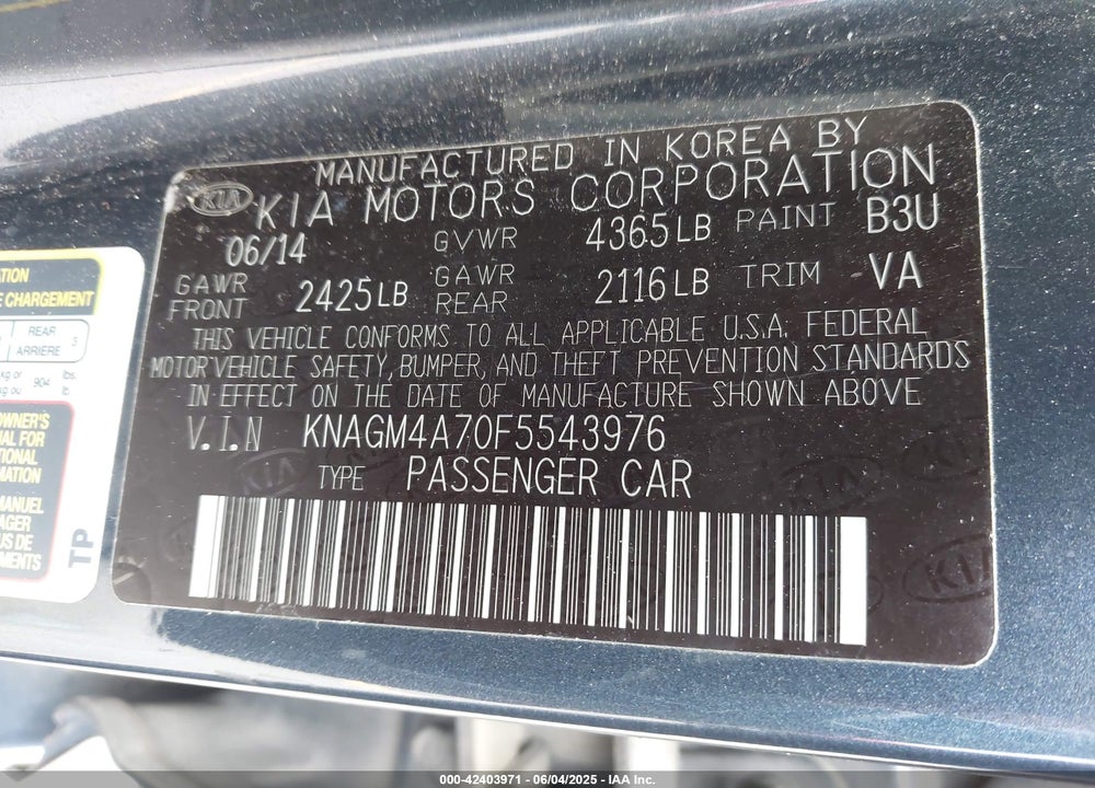 2015 KIA OPTIMA VIN: KNAGM4A70F5543976