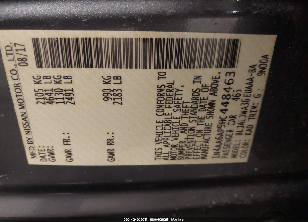 2017 NISSAN MAXIMA VIN: 1N4AA6AP9HC448463