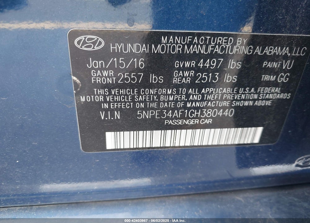 2016 HYUNDAI SONATA SPORT VIN: 5NPE34AF1GH380440